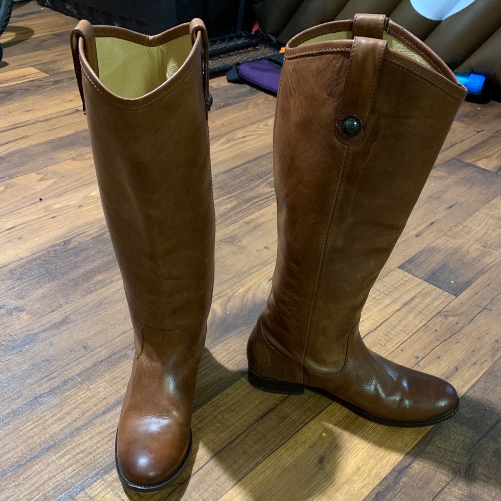 Frye boots, Melissa button, cognac, lightly used